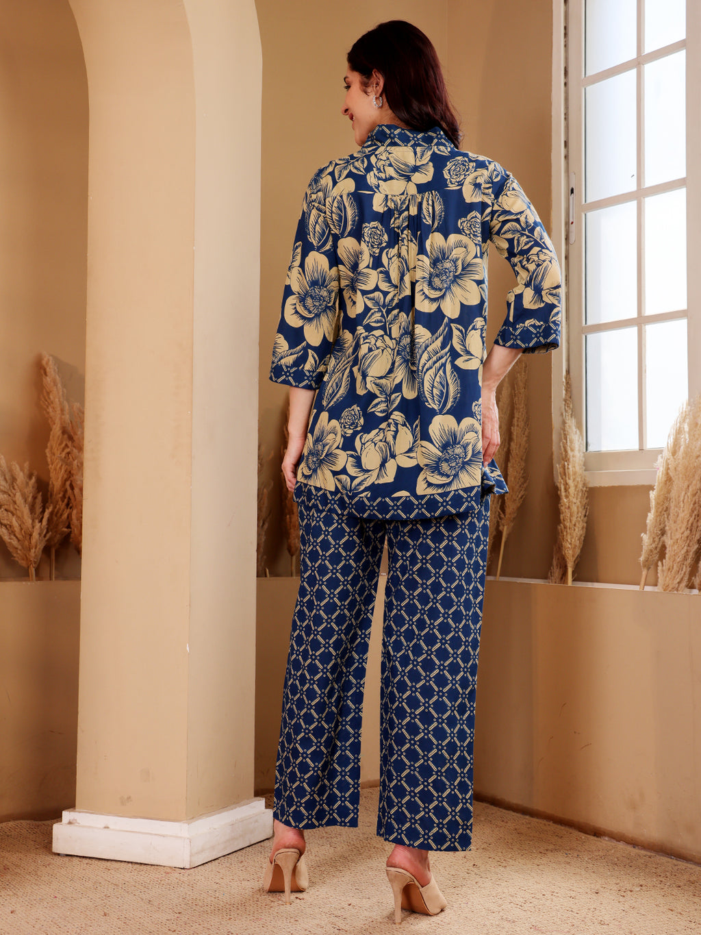 Navy Blue Floral Printed Co-Ord Set With Contrast Geometric Pants