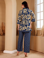 Navy Blue Floral Printed Co-Ord Set With Contrast Geometric Pants