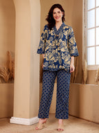 Navy Blue Floral Printed Co-Ord Set With Contrast Geometric Pants