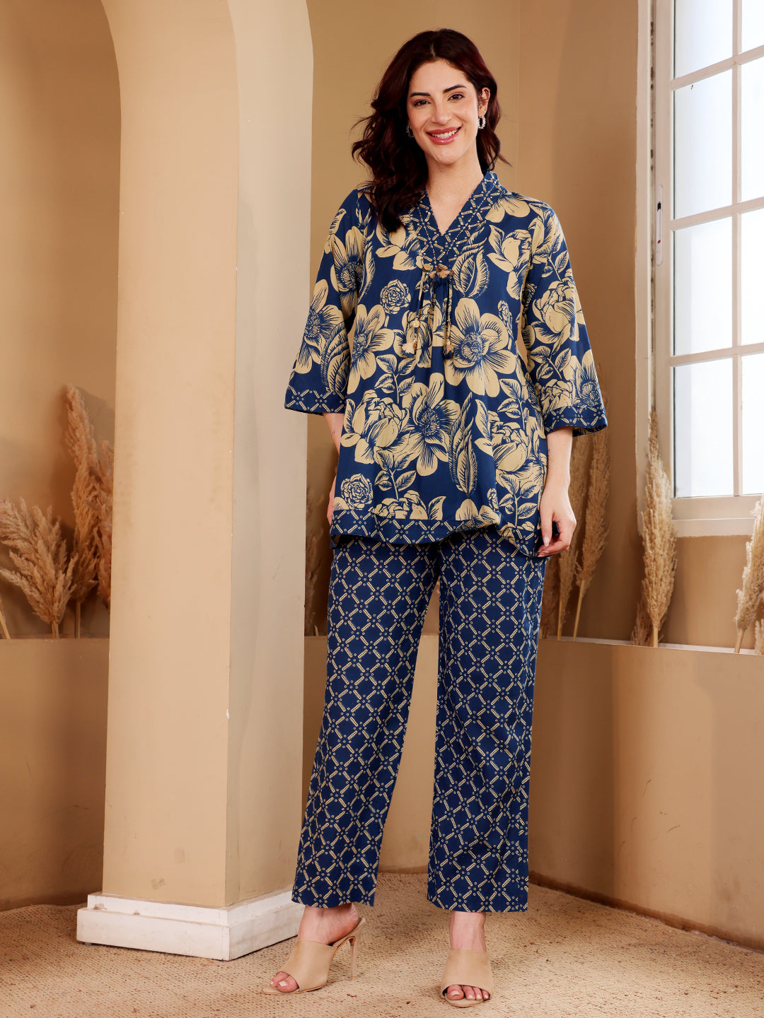 Navy Blue Floral Printed Co-Ord Set With Contrast Geometric Pants