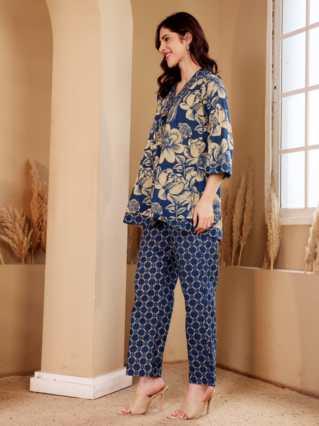 Navy Blue Floral Printed Co-Ord Set With Contrast Geometric Pants