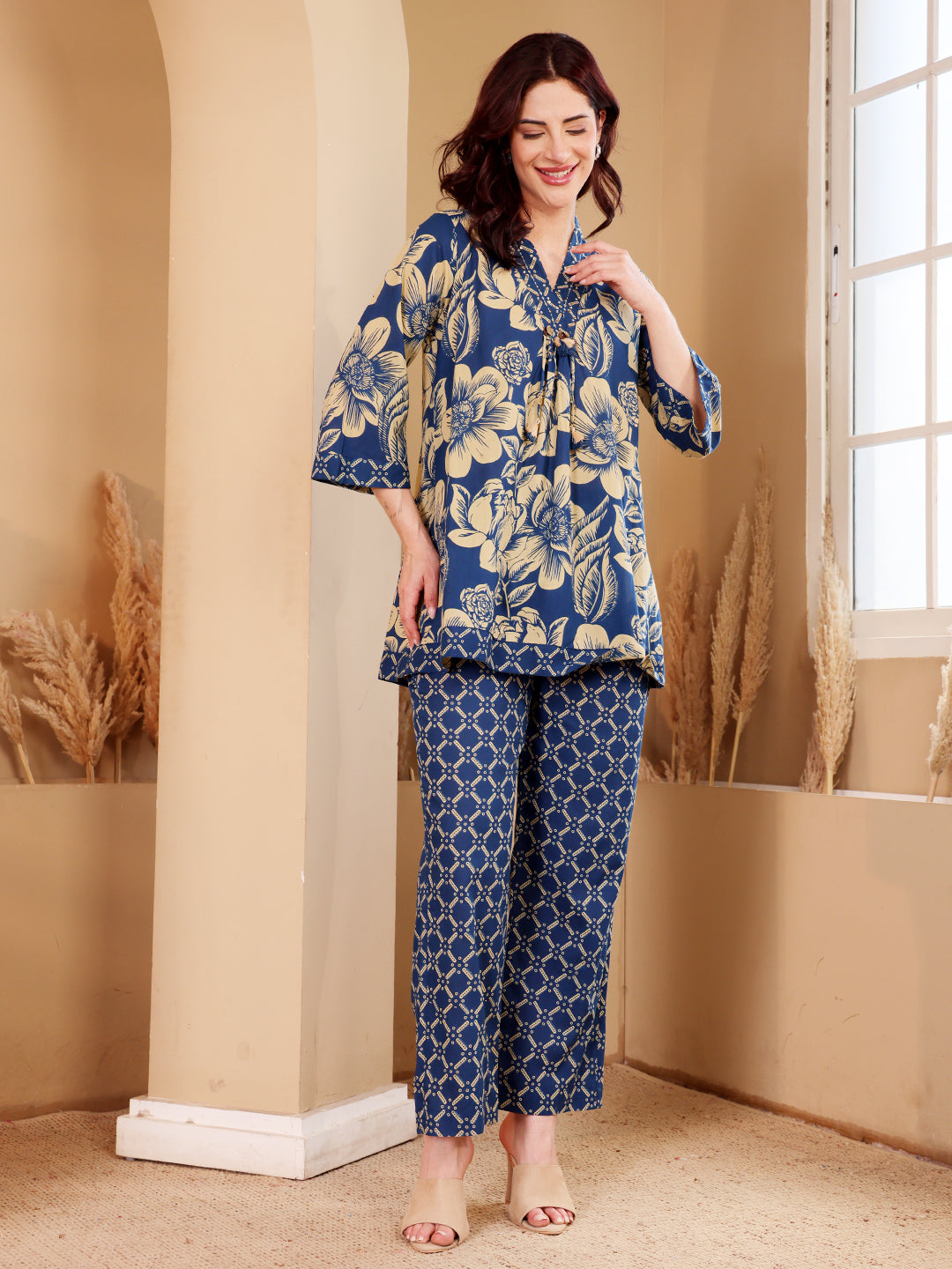 Navy Blue Floral Printed Co-Ord Set With Contrast Geometric Pants