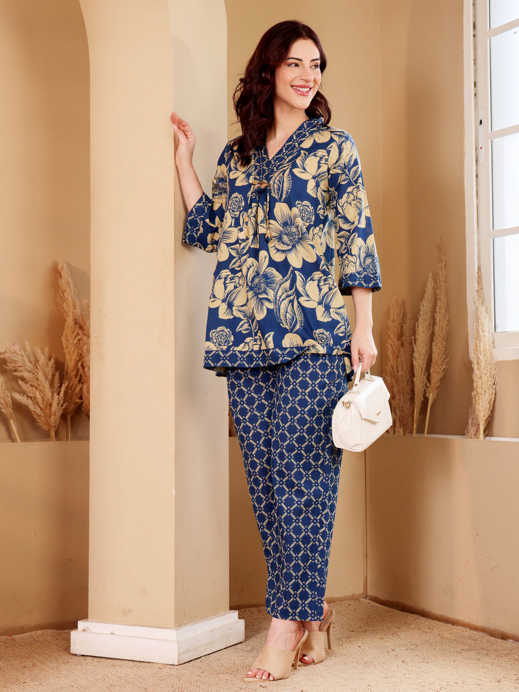 Navy Blue Floral Printed Co-Ord Set With Contrast Geometric Pants