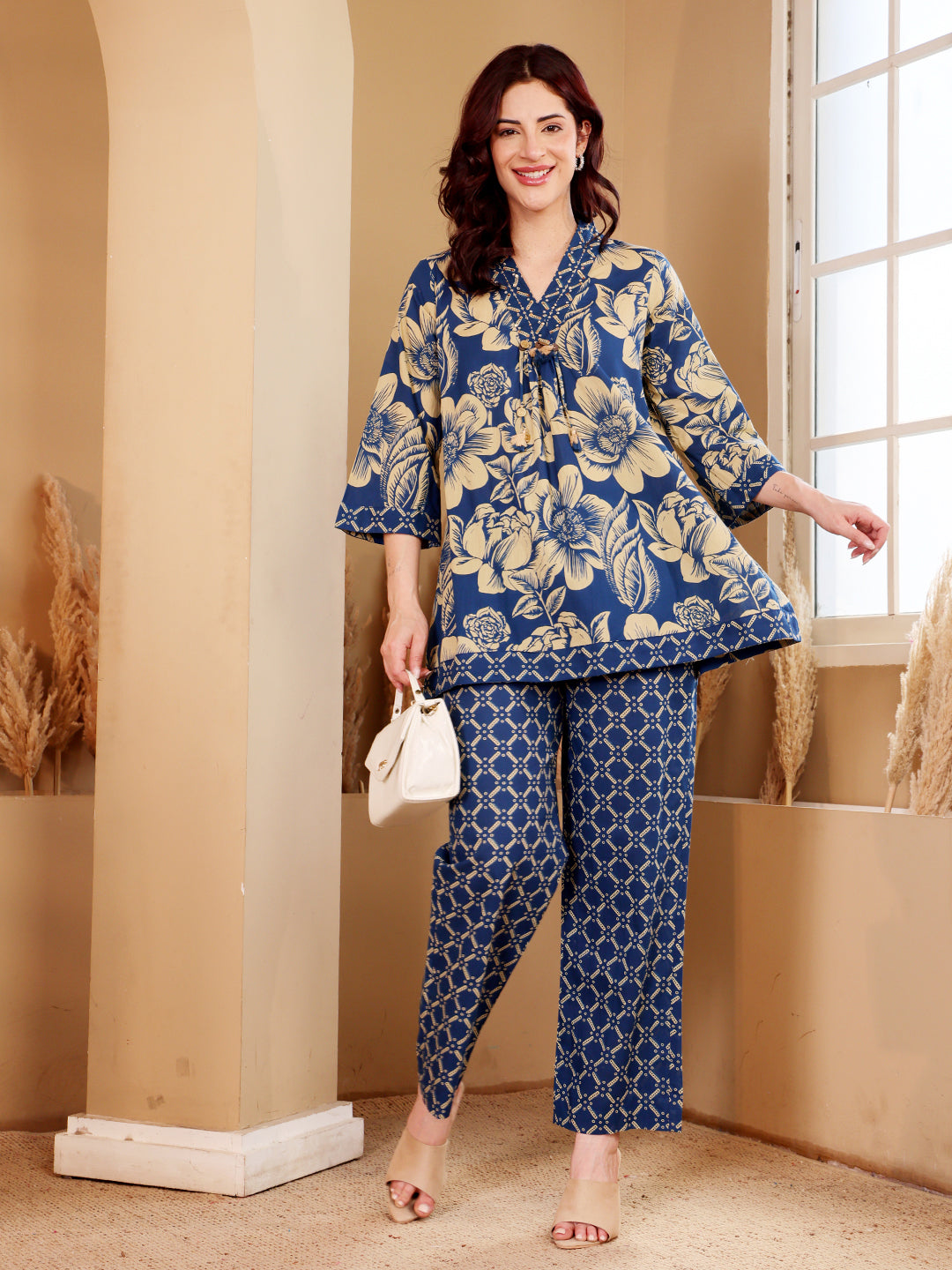Navy Blue Floral Printed Co-Ord Set With Contrast Geometric Pants
