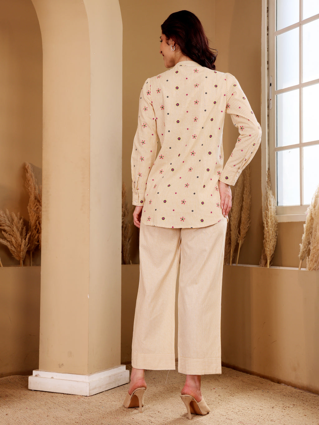 Beige Embroidered Shirt & Palazzo Co-Ord Set For Women