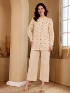Beige Embroidered Shirt & Palazzo Co-Ord Set For Women
