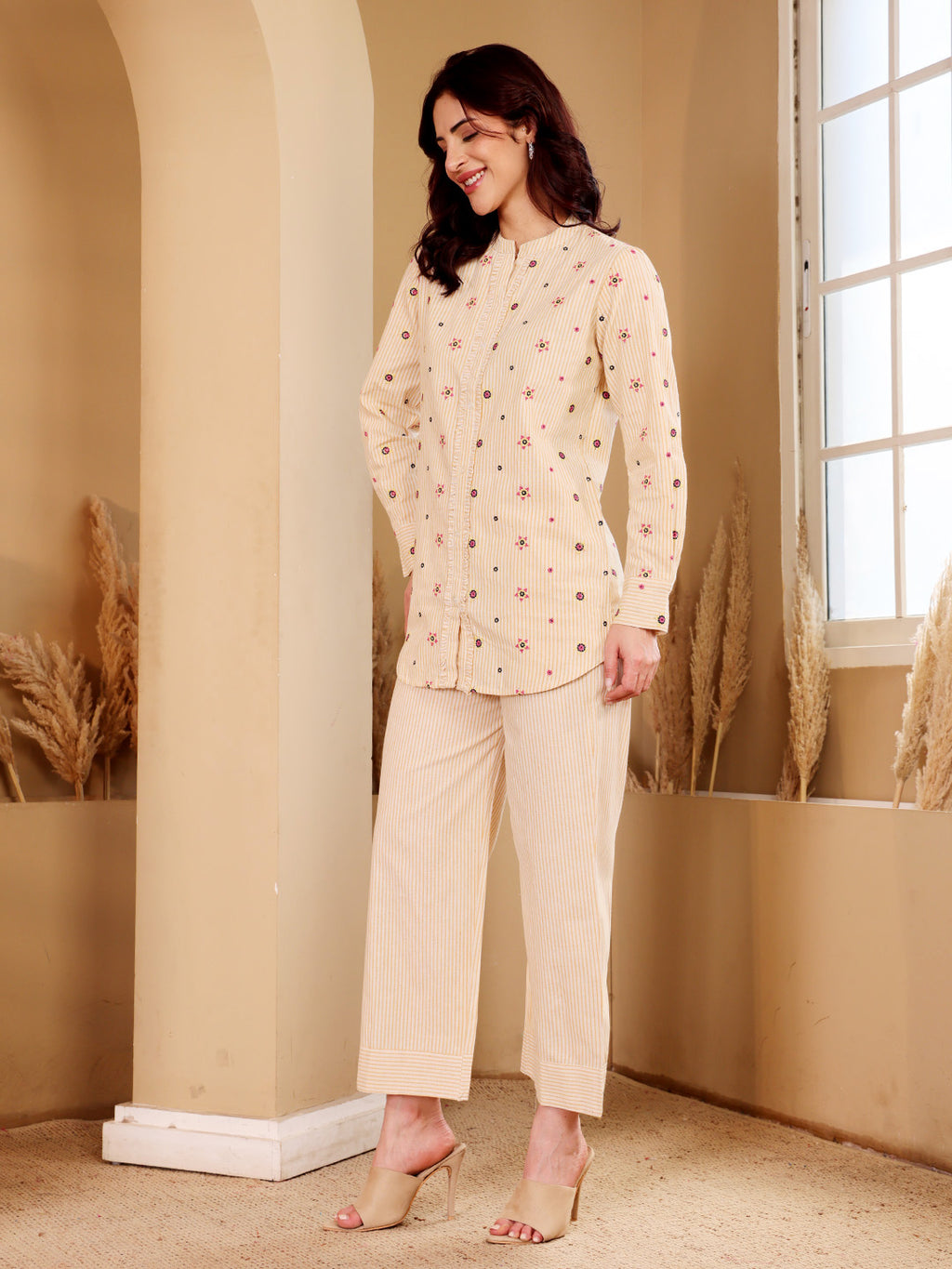 Beige Embroidered Shirt & Palazzo Co-Ord Set For Women