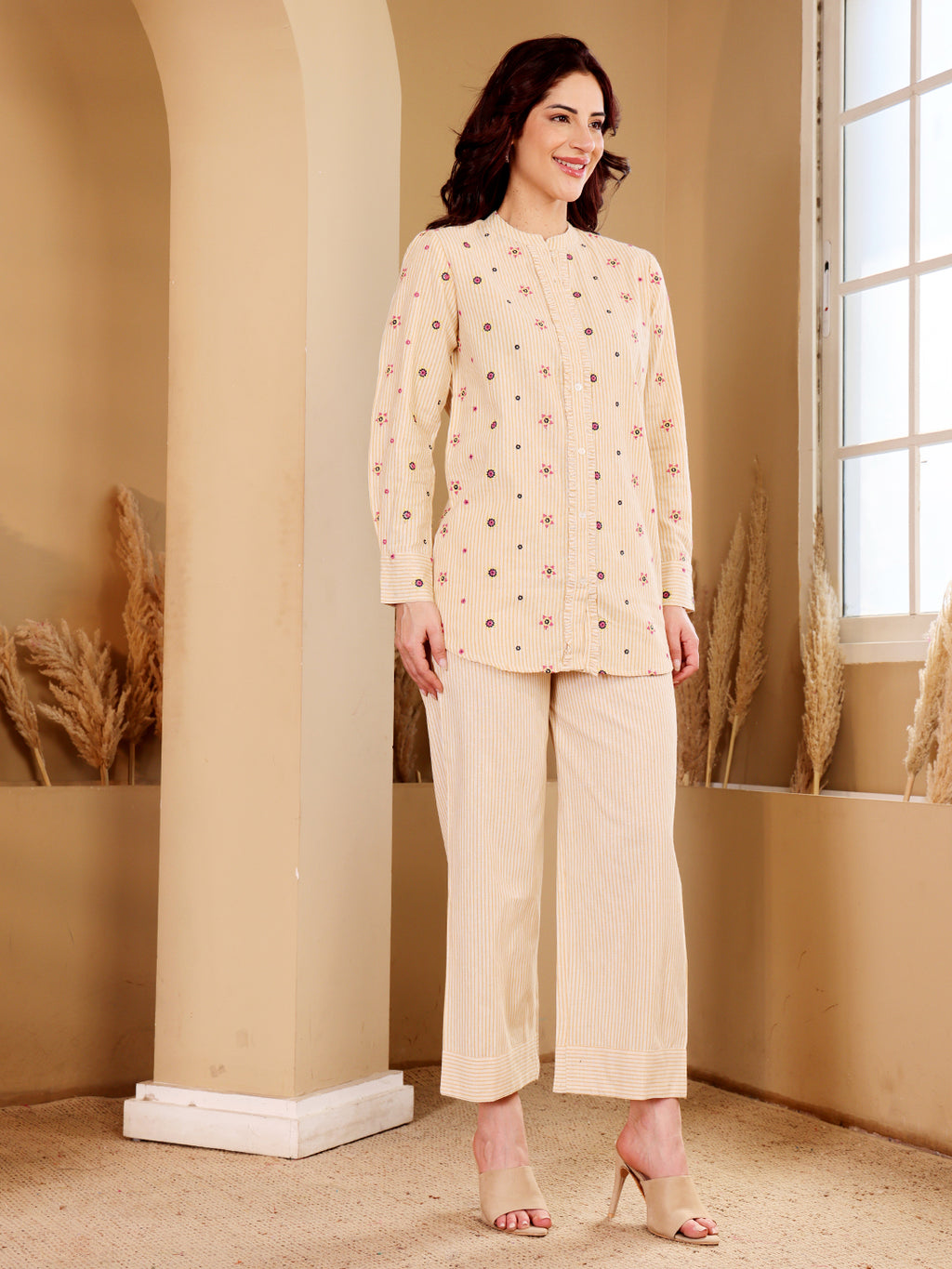 Beige Embroidered Shirt & Palazzo Co-Ord Set For Women