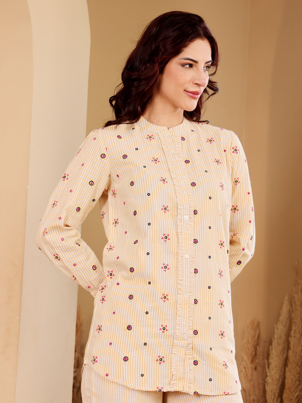 Beige Embroidered Shirt & Palazzo Co-Ord Set For Women