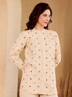 Beige Embroidered Shirt & Palazzo Co-Ord Set For Women