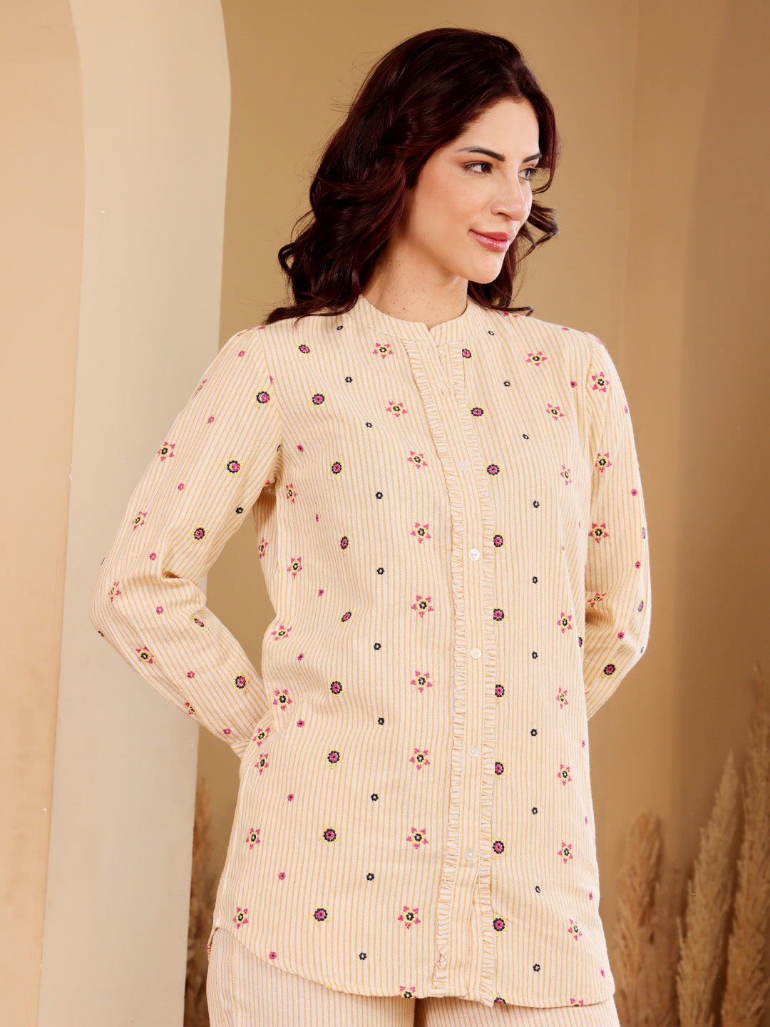 Beige Embroidered Shirt & Palazzo Co-Ord Set For Women