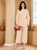 Beige Embroidered Shirt & Palazzo Co-Ord Set For Women
