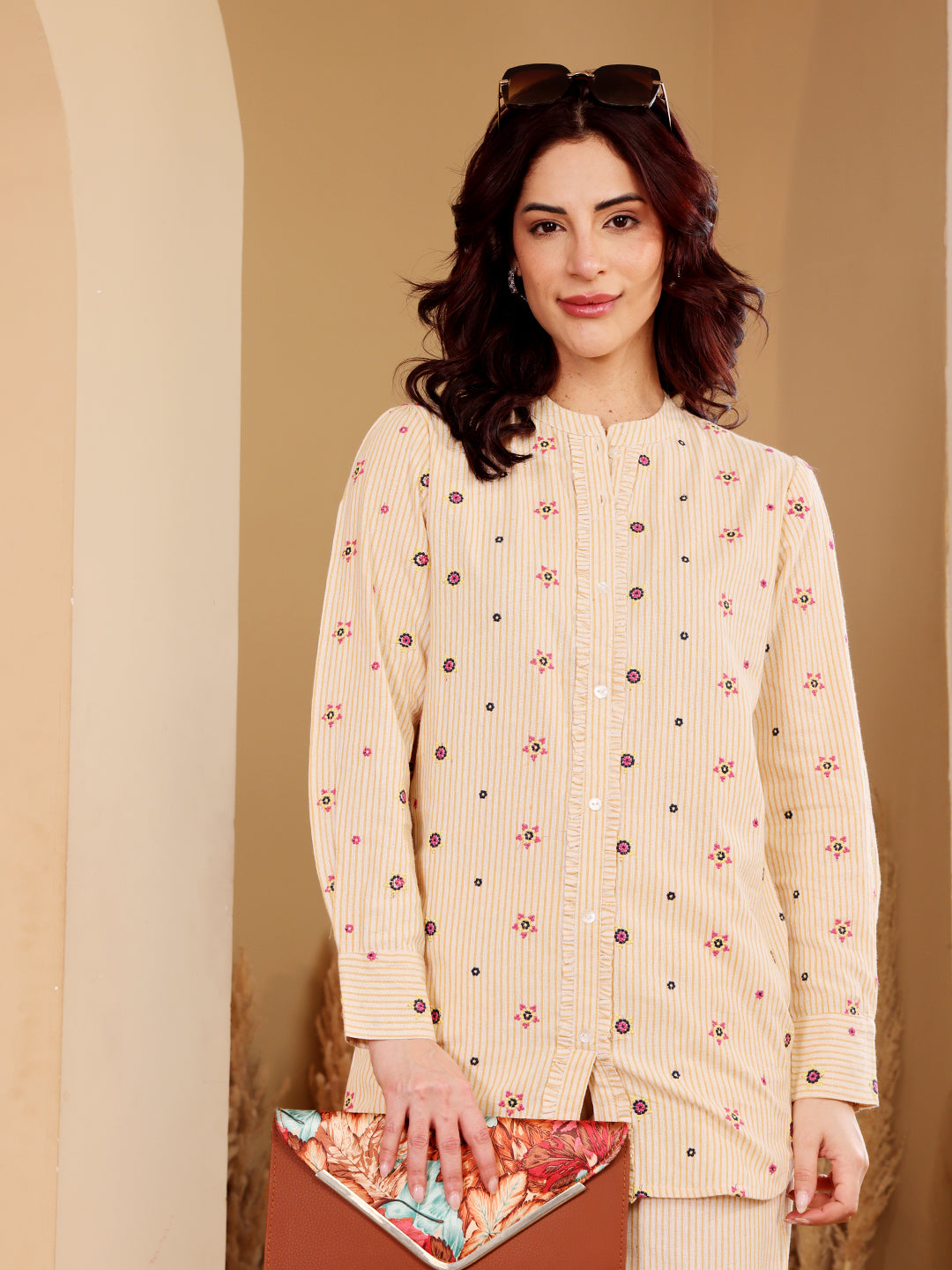 Beige Embroidered Shirt & Palazzo Co-Ord Set For Women