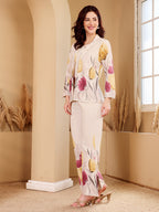 Floral Print Co-Ord Set For Women White Full Sleeve Top & Pants