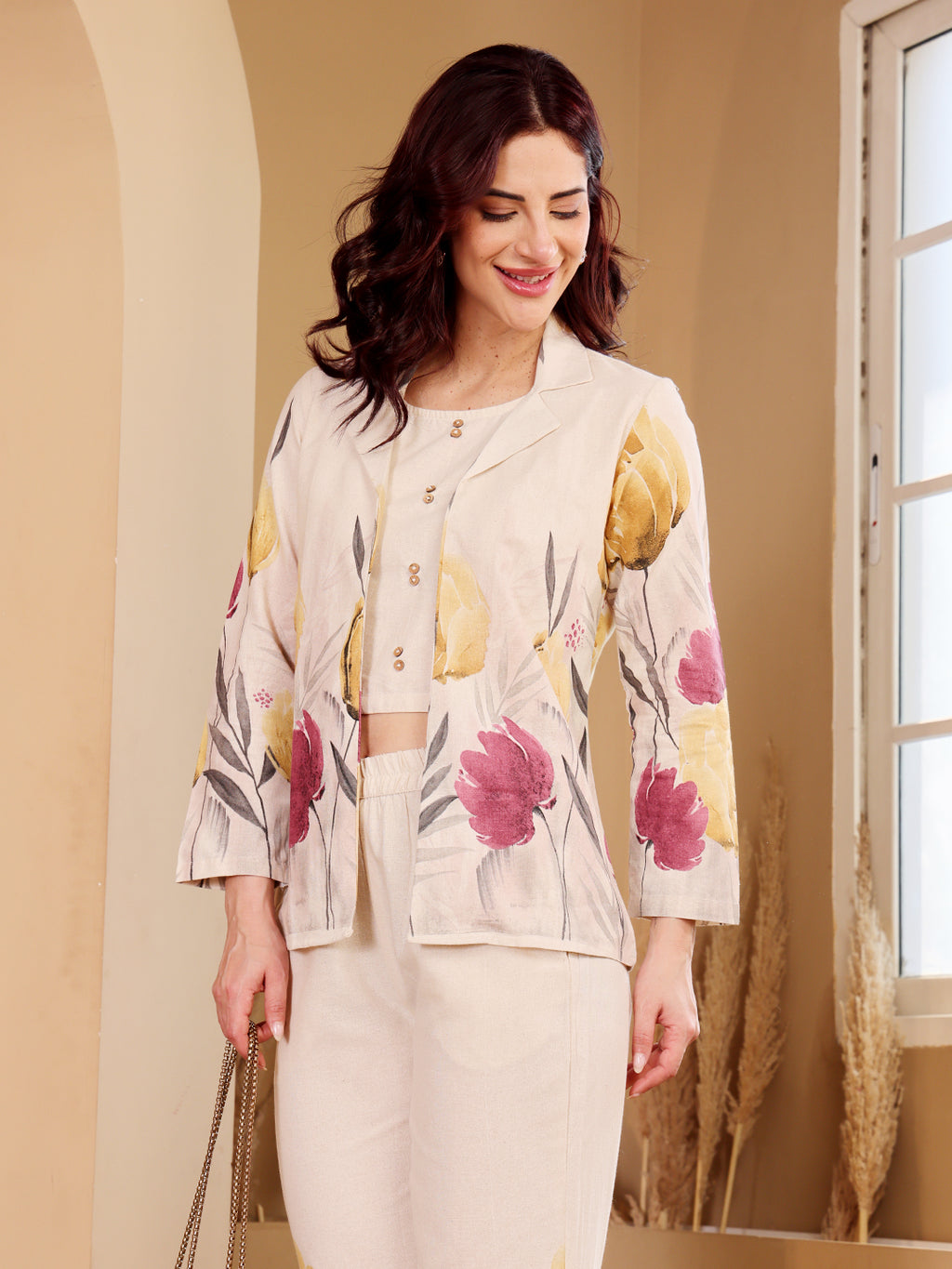 Floral Print Co-Ord Set For Women White Full Sleeve Top & Pants