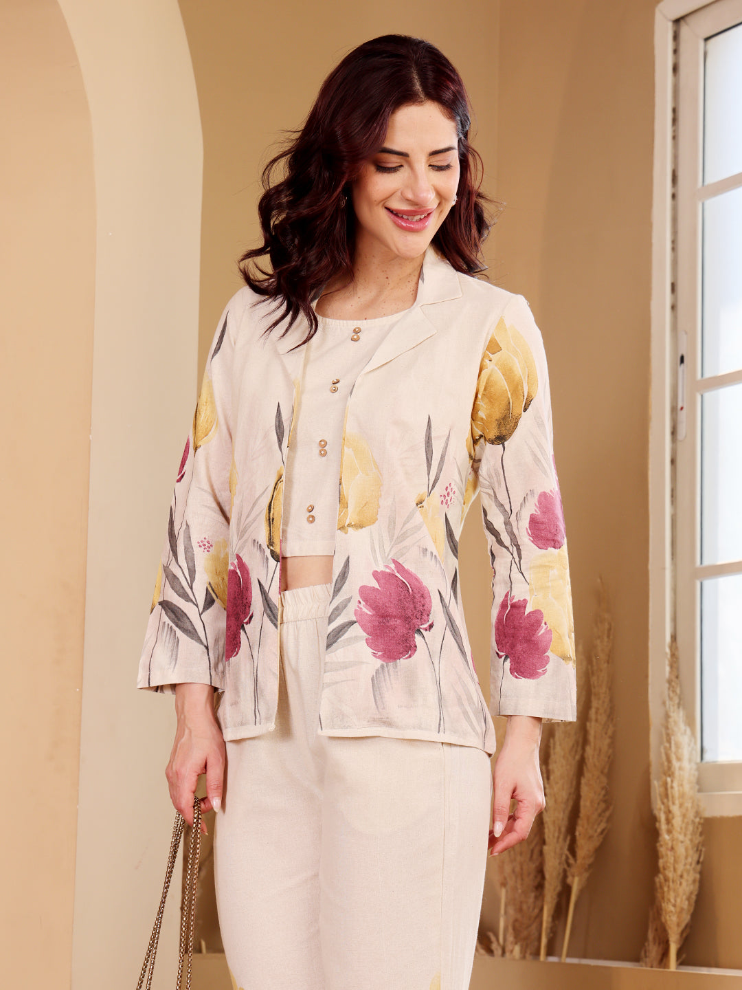 Floral Print Co-Ord Set For Women White Full Sleeve Top & Pants