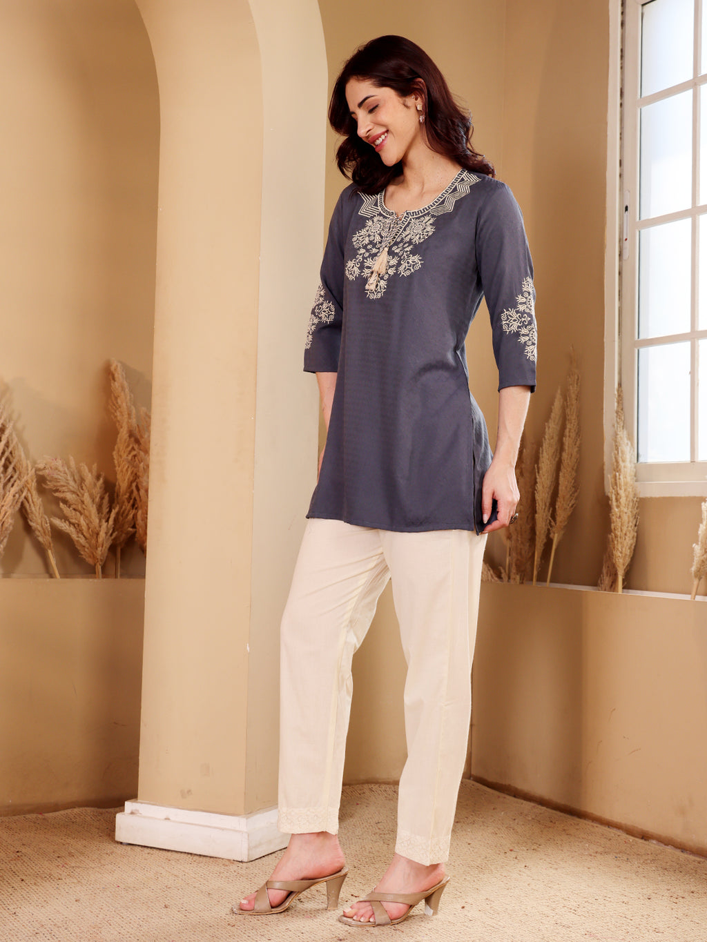 Charcoal Grey Embroidered Kurti With Contrast Neckline Detailing