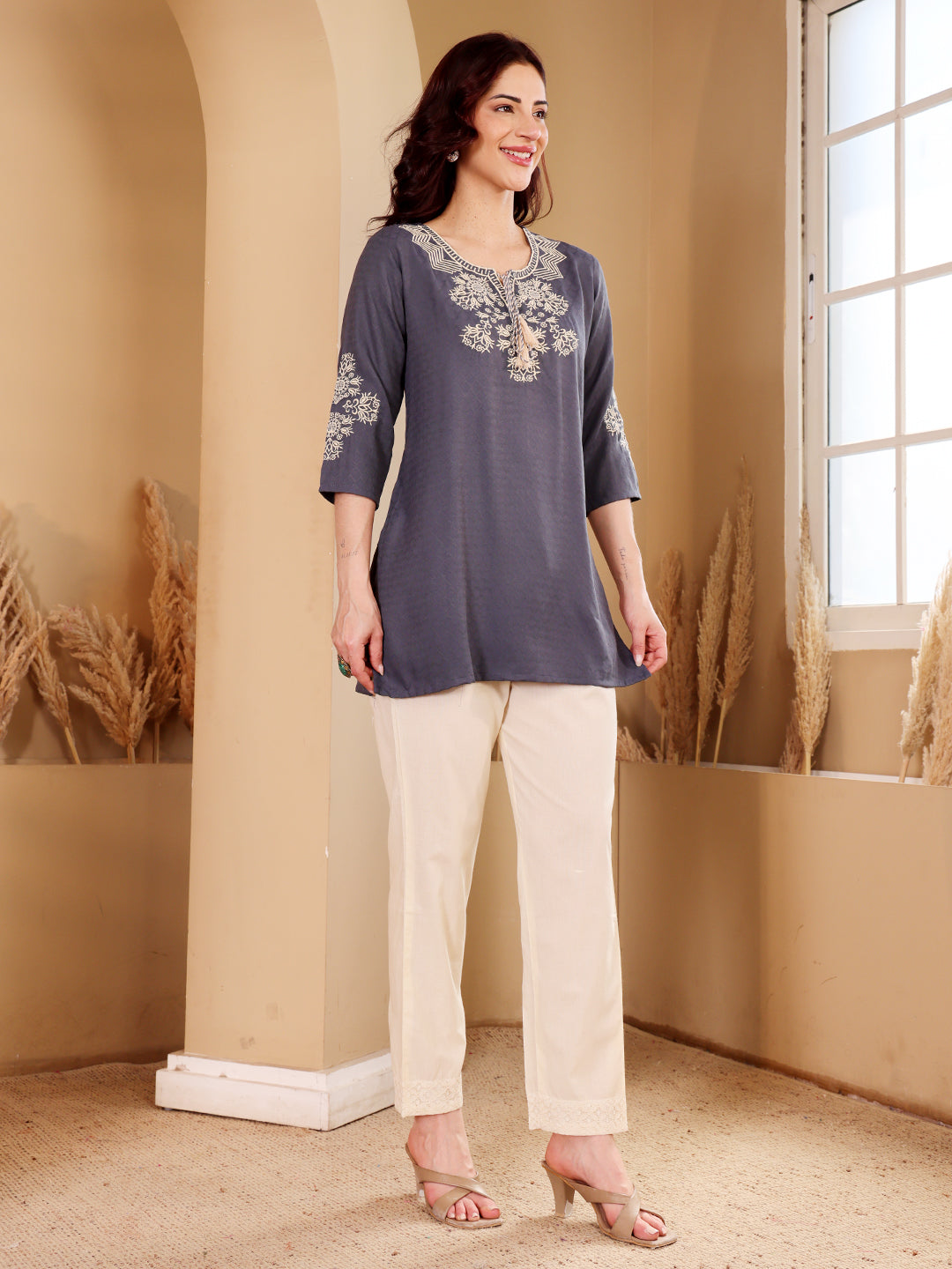 Charcoal Grey Embroidered Kurti With Contrast Neckline Detailing