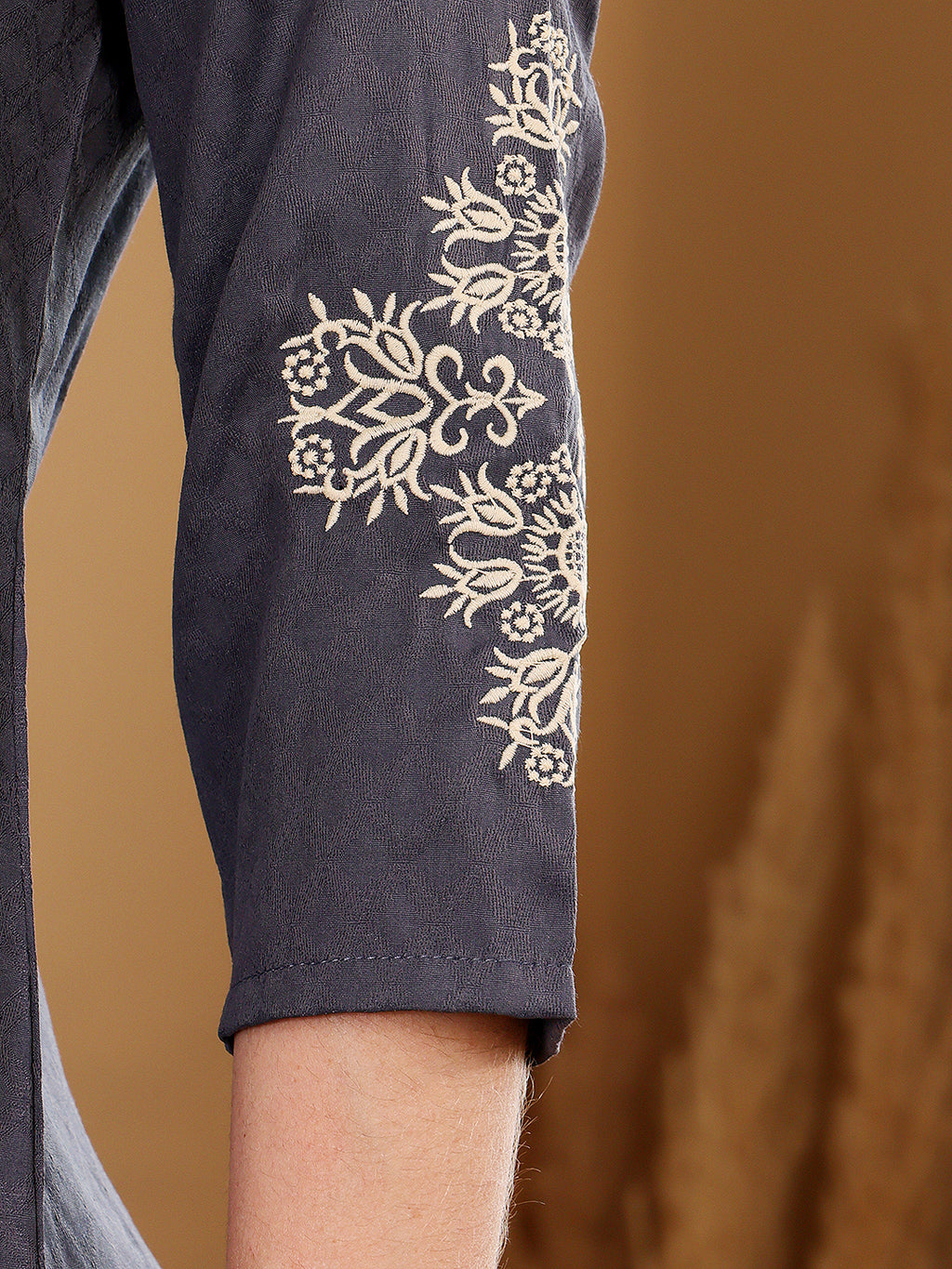 Charcoal Grey Embroidered Kurti With Contrast Neckline Detailing