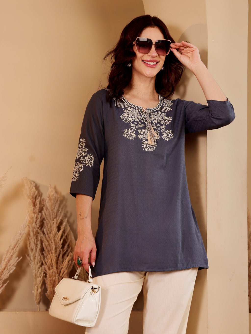 Charcoal Grey Embroidered Kurti With Contrast Neckline Detailing