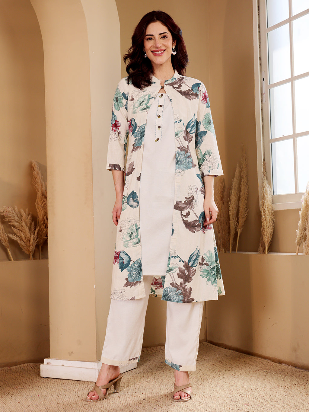 White Embroidered Floral Kurta Co-Ord Set With Heeled Sandals