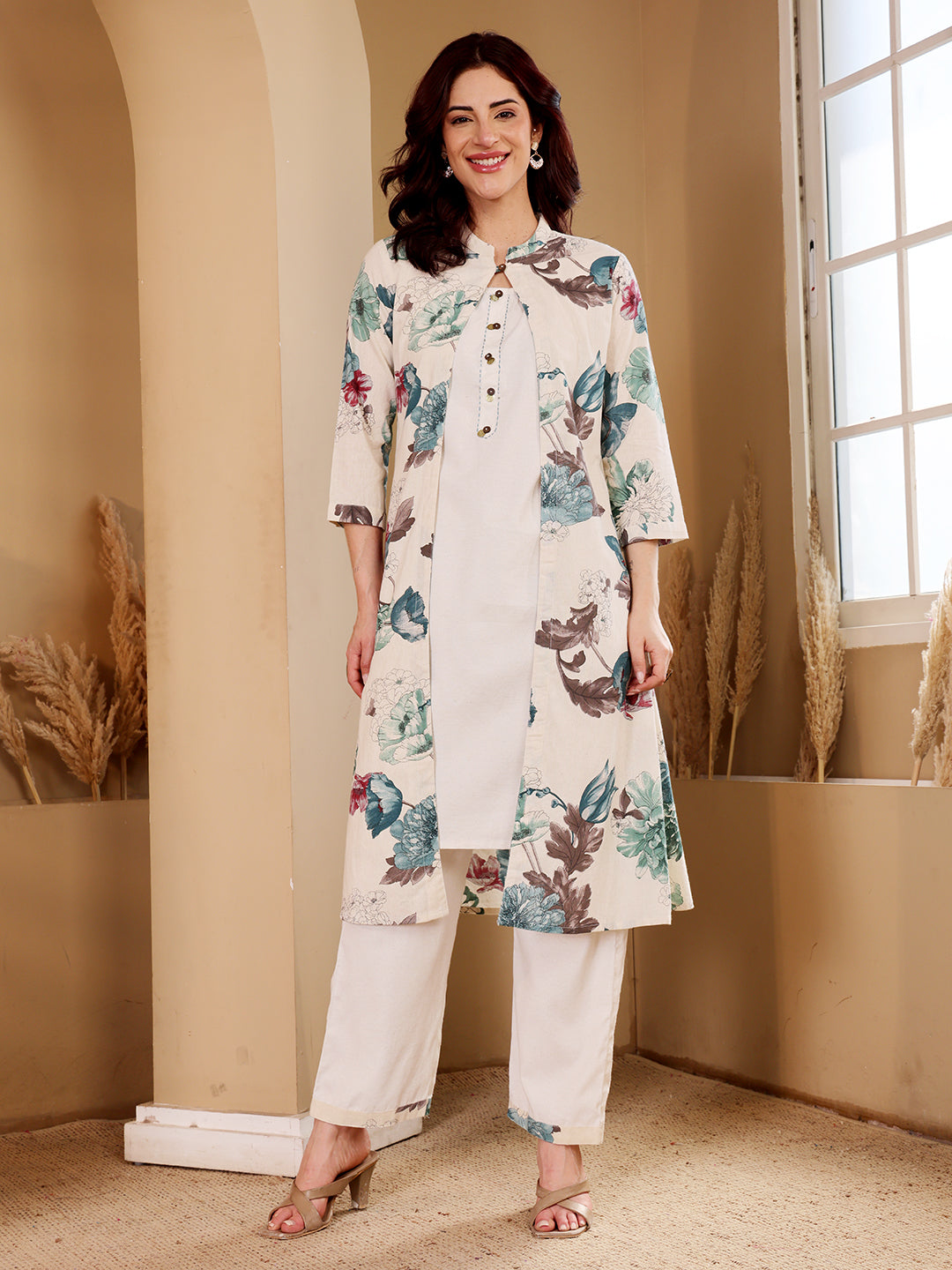 White Embroidered Floral Kurta Co-Ord Set With Heeled Sandals