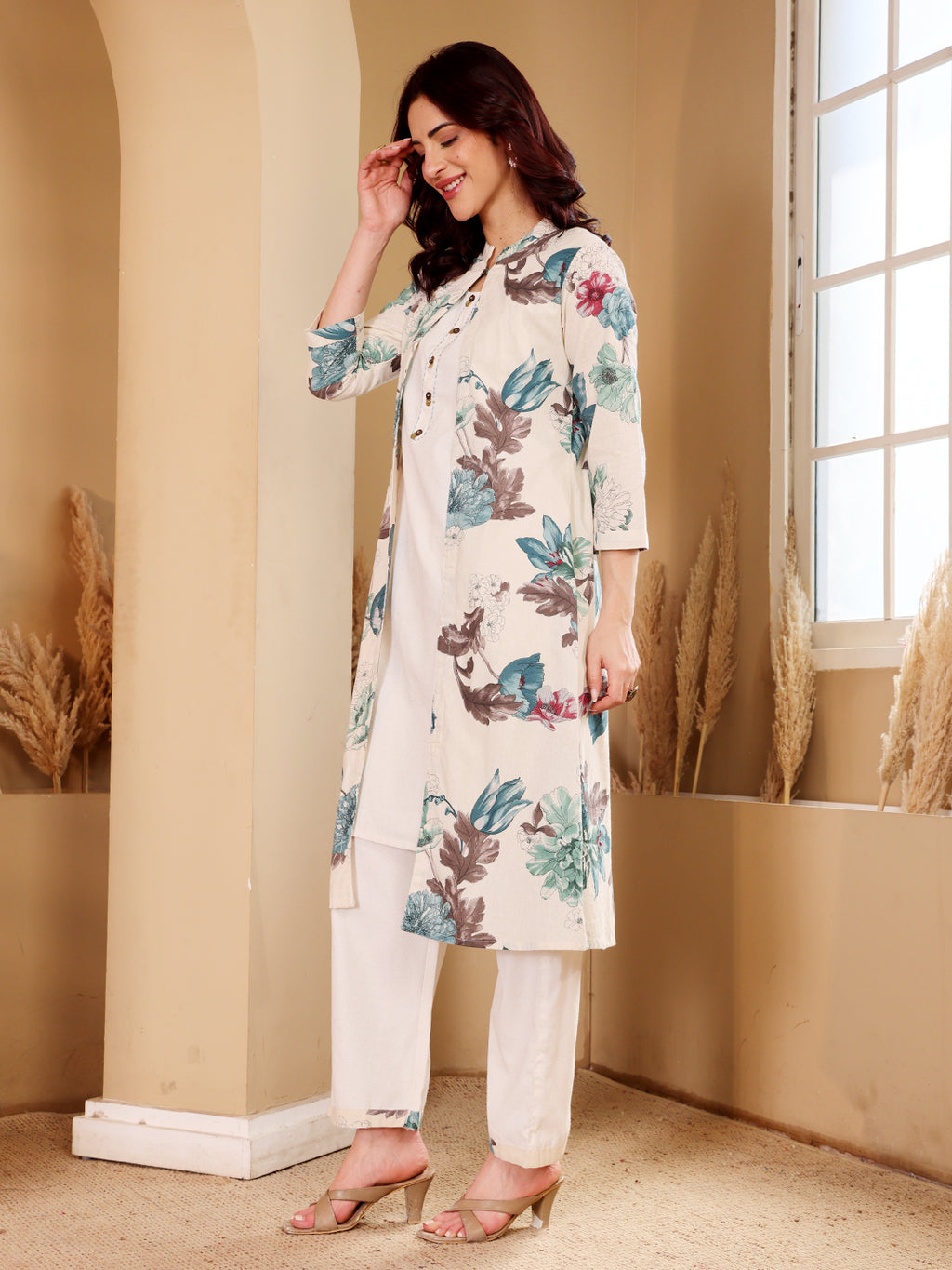 White Embroidered Floral Kurta Co-Ord Set With Heeled Sandals