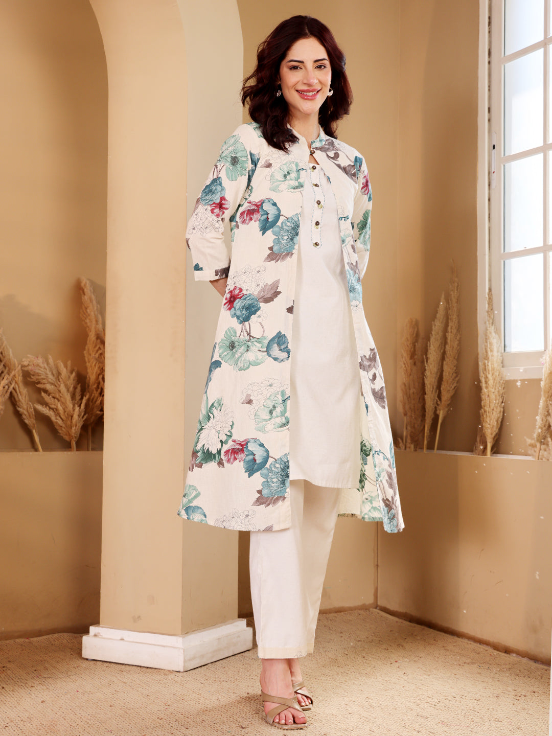 White Embroidered Floral Kurta Co-Ord Set With Heeled Sandals