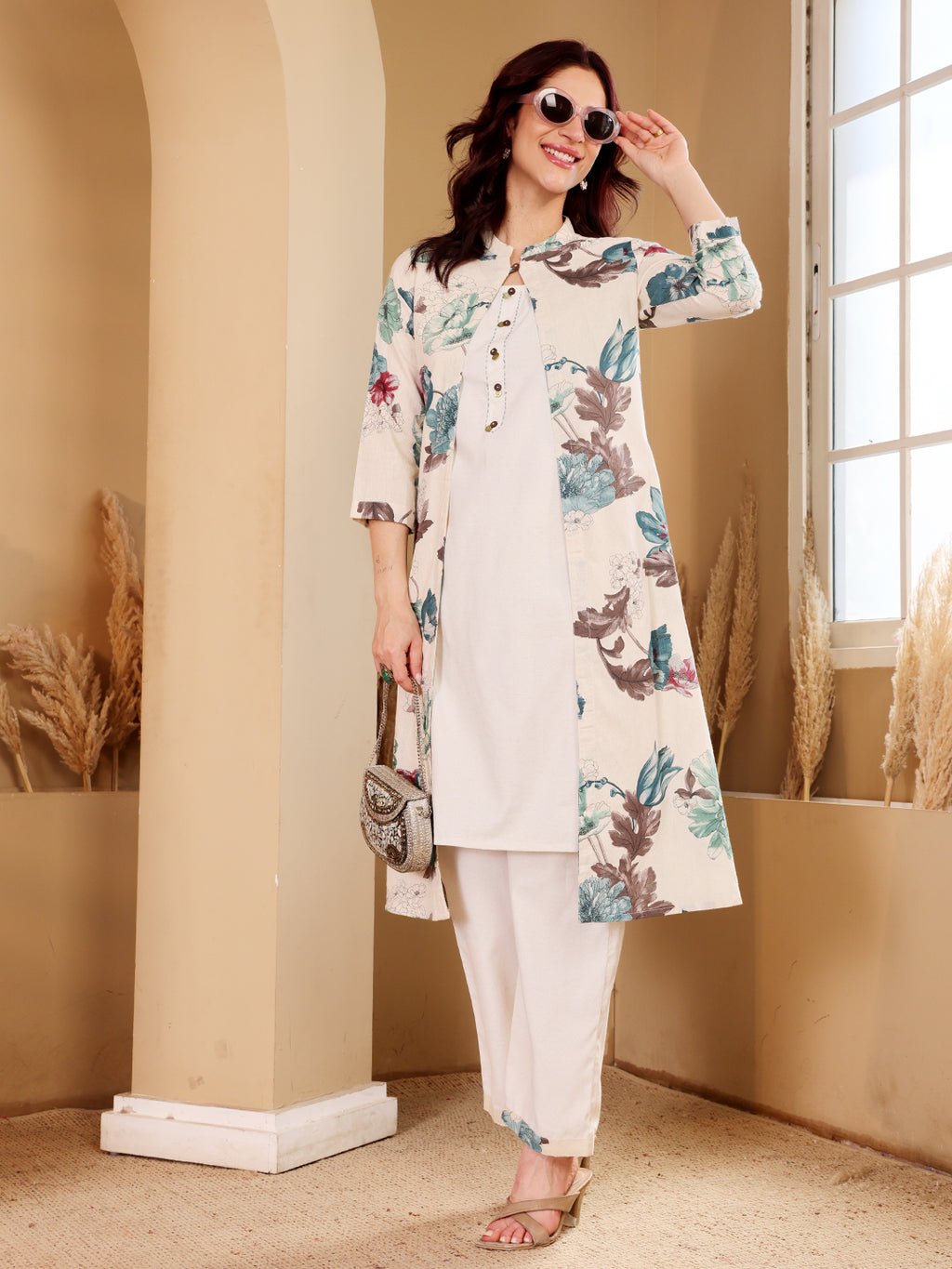 White Embroidered Floral Kurta Co-Ord Set With Heeled Sandals