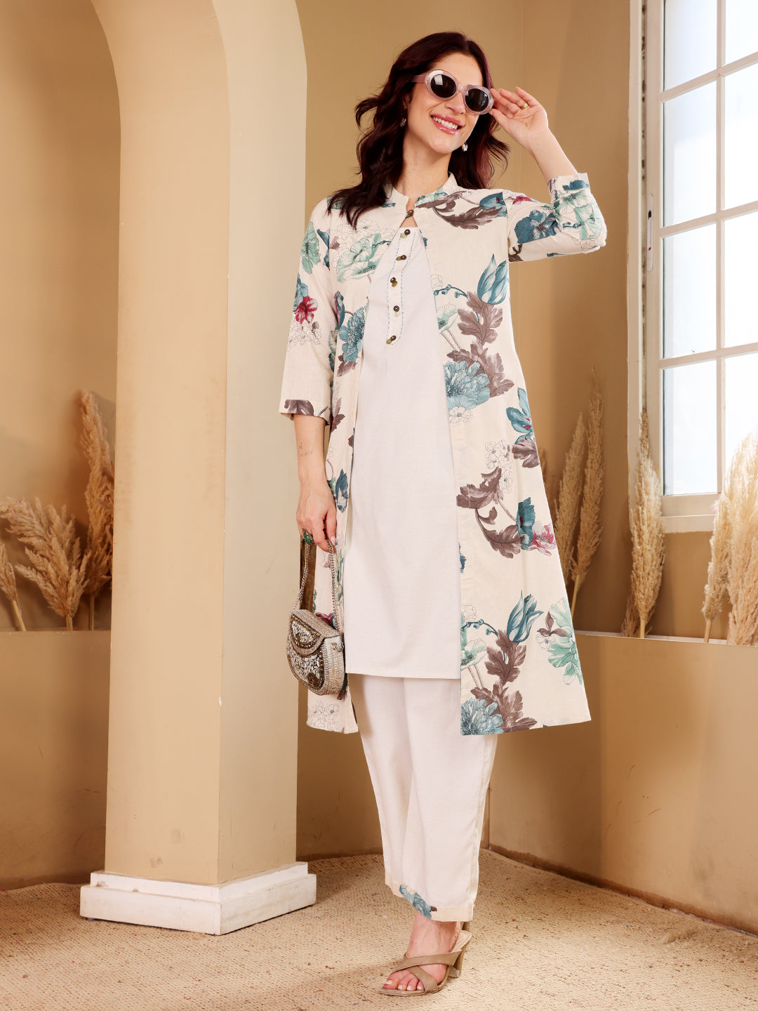 White Embroidered Floral Kurta Co-Ord Set With Heeled Sandals