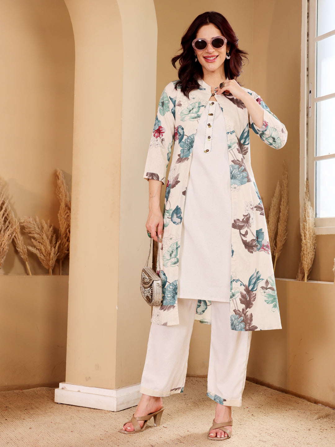 White Embroidered Floral Kurta Co-Ord Set With Heeled Sandals