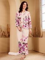 White Floral Print Satin Co-Ord Set Jacket And Palazzo Set For Women