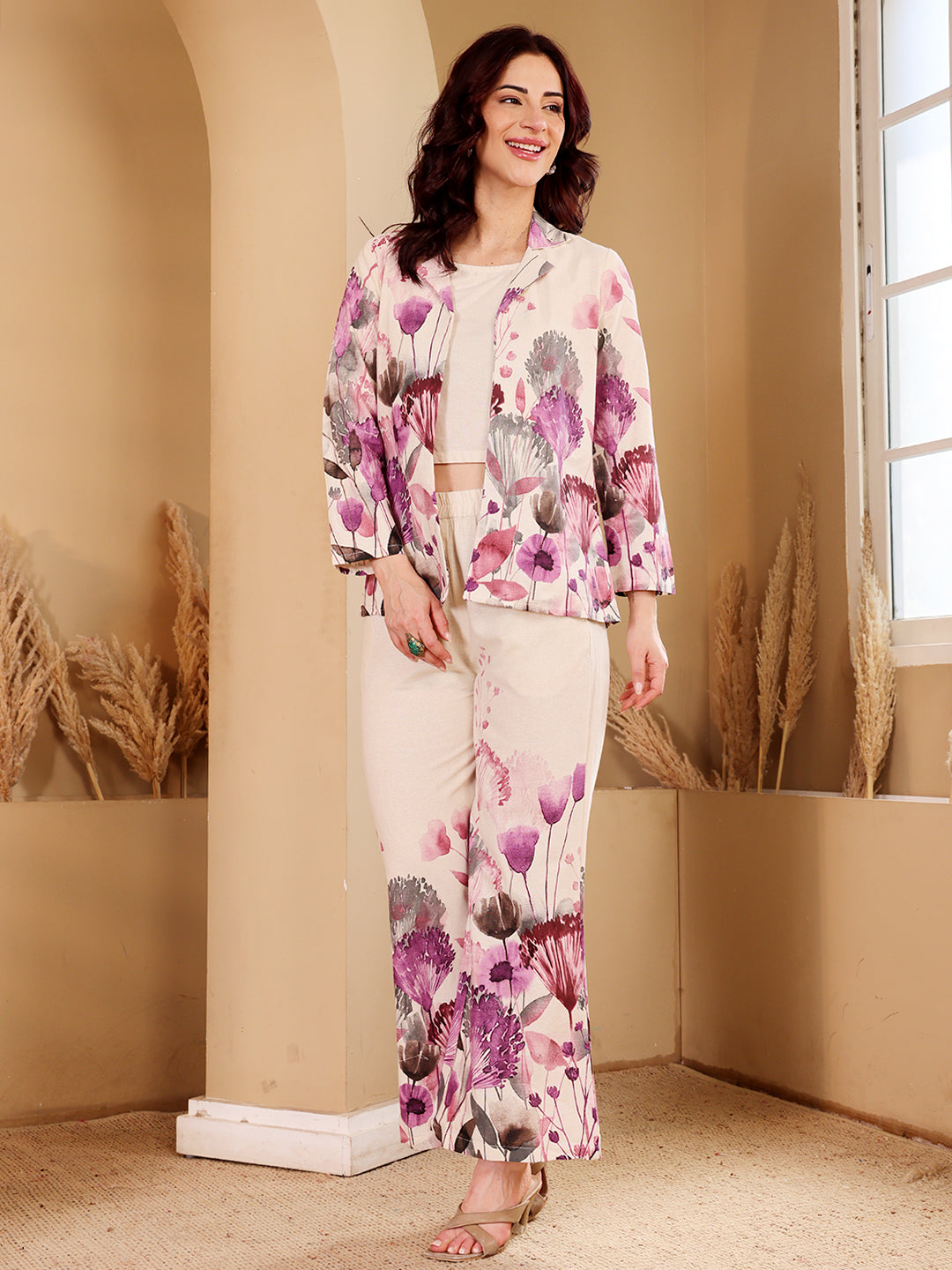 White Floral Print Satin Co-Ord Set Jacket And Palazzo Set For Women