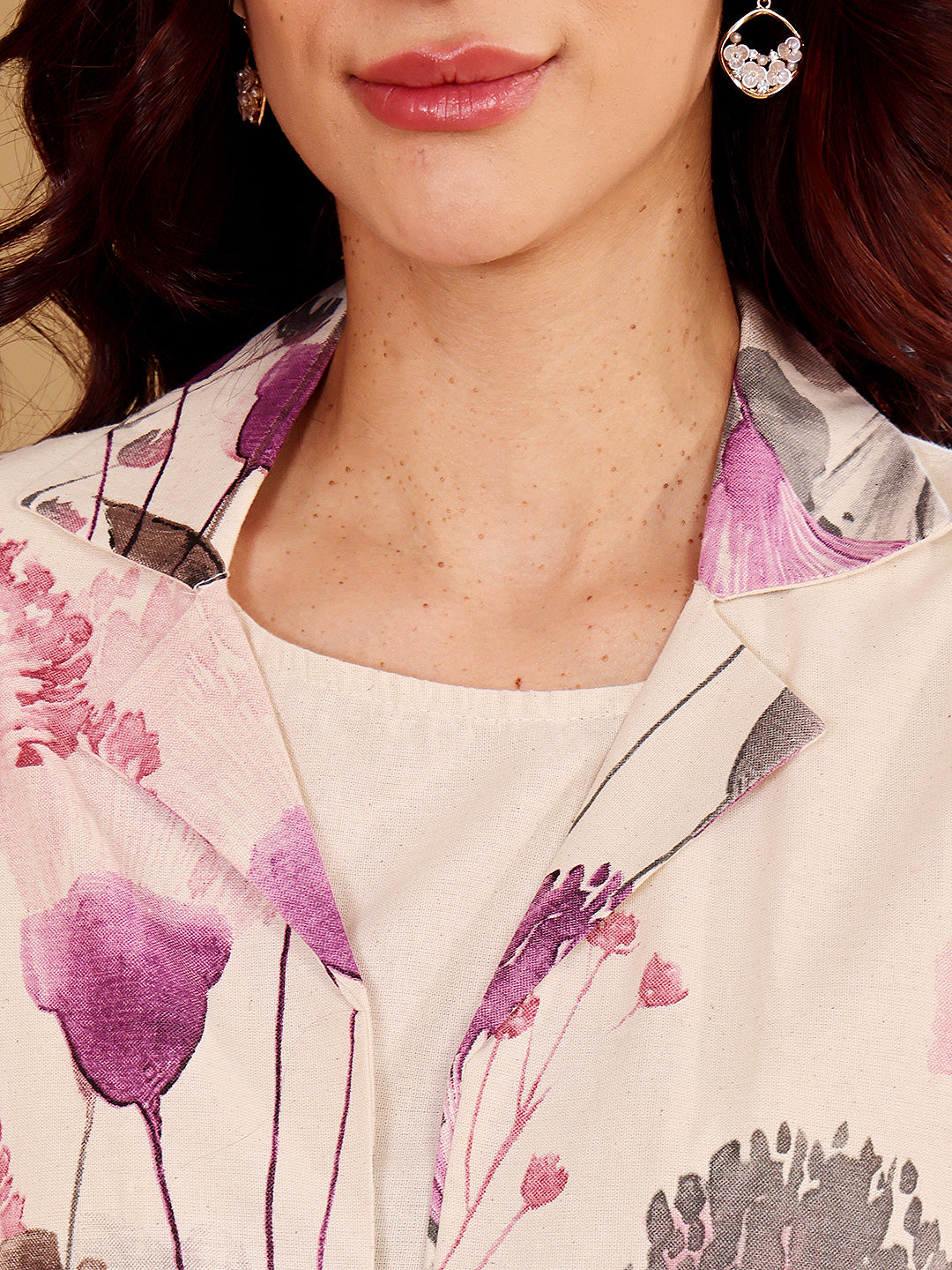 White Floral Print Satin Co-Ord Set Jacket And Palazzo Set For Women