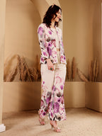 White Floral Print Satin Co-Ord Set Jacket And Palazzo Set For Women