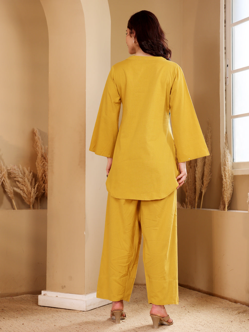 Mustard Yellow Tropical Embroidered Co-Ord Set With Pink Floral Accents