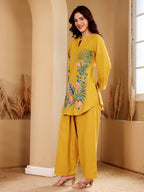 Mustard Yellow Tropical Embroidered Co-Ord Set With Pink Floral Accents