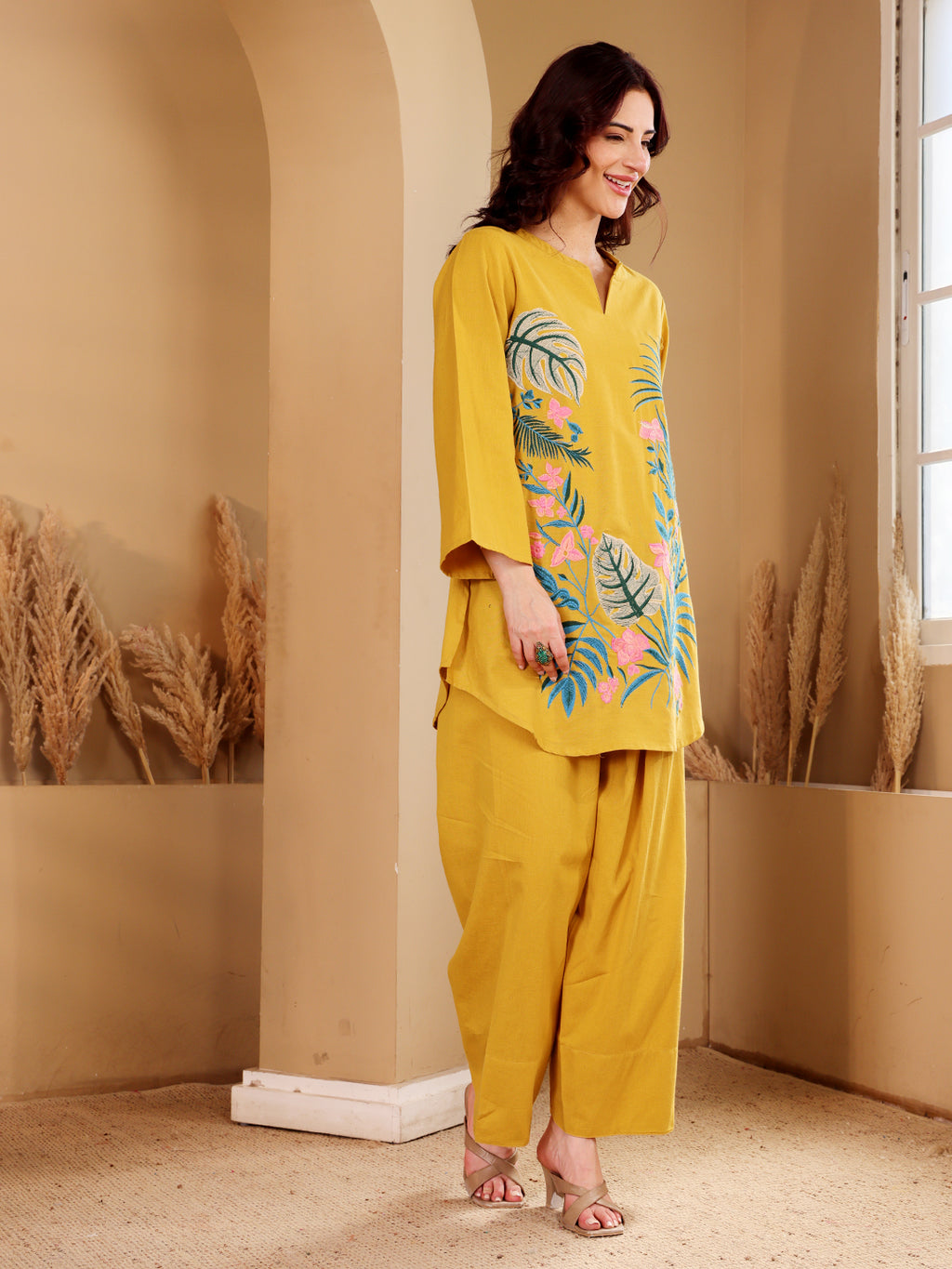 Mustard Yellow Tropical Embroidered Co-Ord Set With Pink Floral Accents
