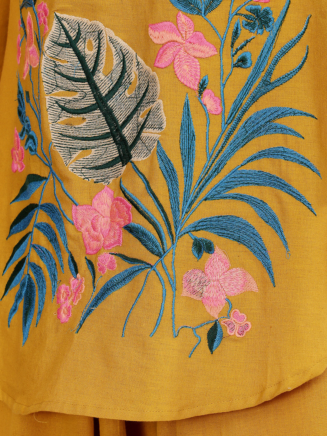 Mustard Yellow Tropical Embroidered Co-Ord Set With Pink Floral Accents