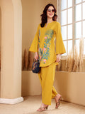 Mustard Yellow Tropical Embroidered Co-Ord Set With Pink Floral Accents