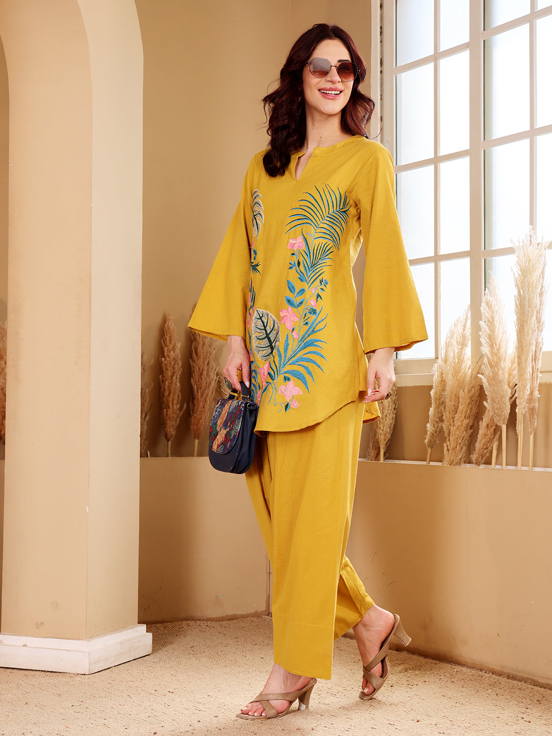 Mustard Yellow Tropical Embroidered Co-Ord Set With Pink Floral Accents