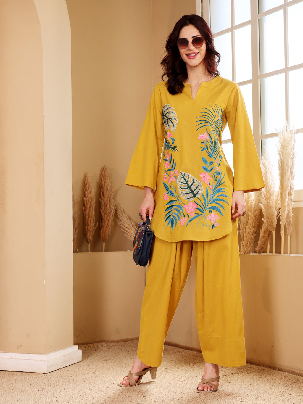Mustard Yellow Tropical Embroidered Co-Ord Set With Pink Floral Accents