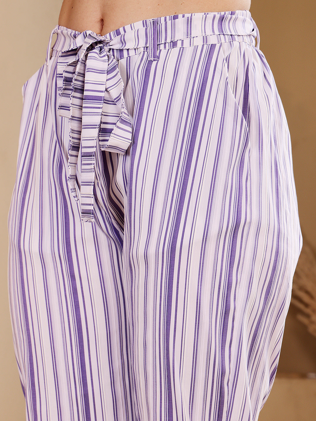 Women's Blue And White Striped Sleeveless Jumpsuit With Button Front And Tie Belt
