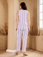 Women's Blue And White Striped Sleeveless Jumpsuit With Button Front And Tie Belt