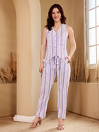 Women's Blue And White Striped Sleeveless Jumpsuit With Button Front And Tie Belt