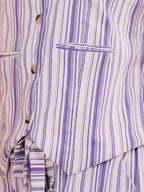 Women's Blue And White Striped Sleeveless Jumpsuit With Button Front And Tie Belt
