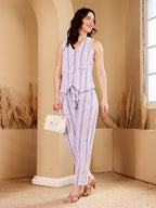 Women's Blue And White Striped Sleeveless Jumpsuit With Button Front And Tie Belt