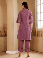Purple Embroidered Leaf Motif Cotton Kurta Set For Women