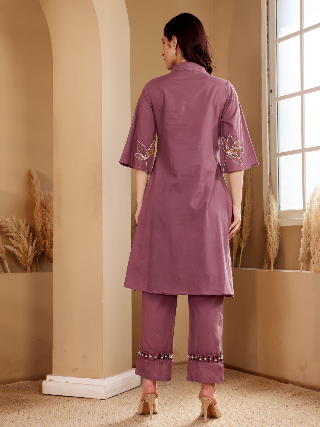 Purple Embroidered Leaf Motif Cotton Kurta Set For Women