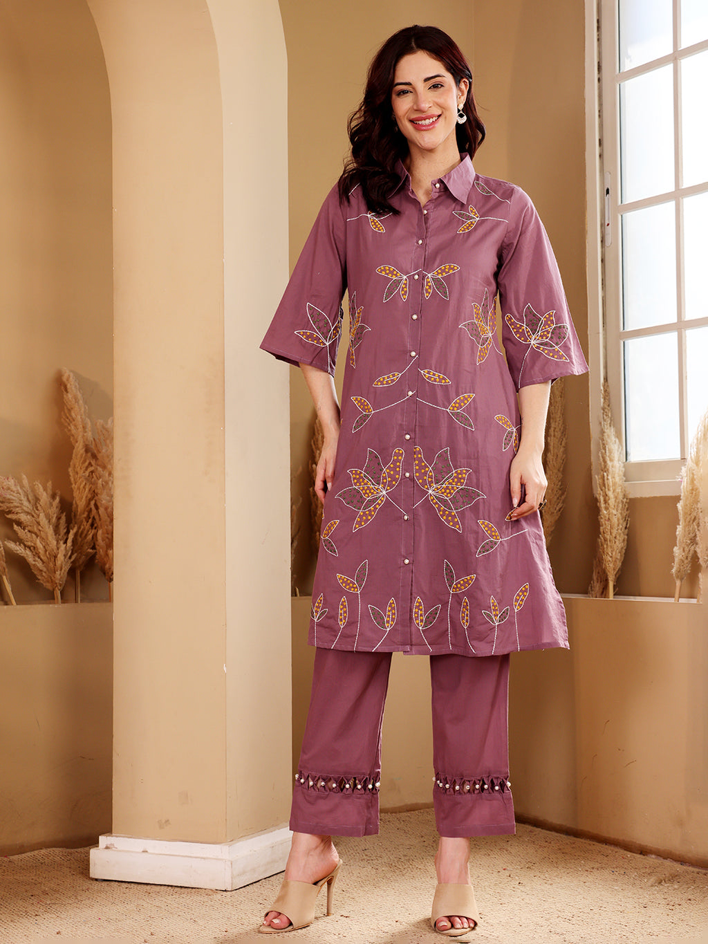 Purple Embroidered Leaf Motif Cotton Kurta Set For Women